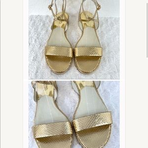{Michael Kors} Kaylee Flat Embossed Metallic Sandals, Soft Gold, Size 9.5